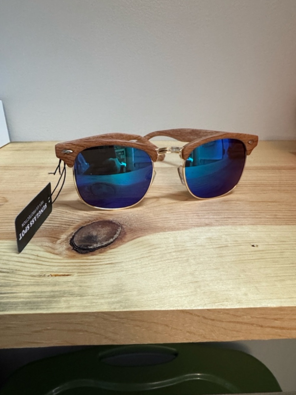 Wood-Frame Sunglasses with Blue Mirrored Lenses